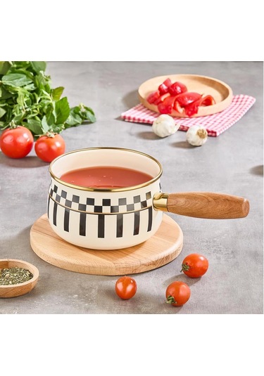 Prime Cream Emaye Ahşap Saplı Sosluk / Sütlük 14 Cm Ve Emaye Servis Tepsisi 28 Cm Krem