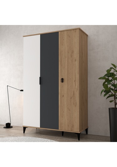 6302 Neva 3 Kapılı 200 Cm Gizli Çekmeceli Gardırop , Elbise Dolabı , Genç Odası Antrasit Beyaz Sepet