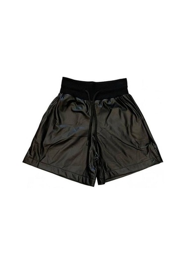 Kız Çocuk Beli Lastikli Deri Şort-15036 Siyah