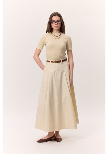 Cep Detaylı Geniş Etek Tereyağı Tereyağı Krem