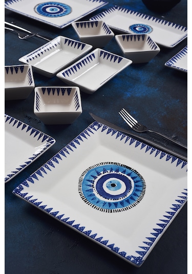 Piatti Naturali 12 Parça 4 Kişilik Nazar Kahvaltı Takımı Handmade Sunum Set Mavi