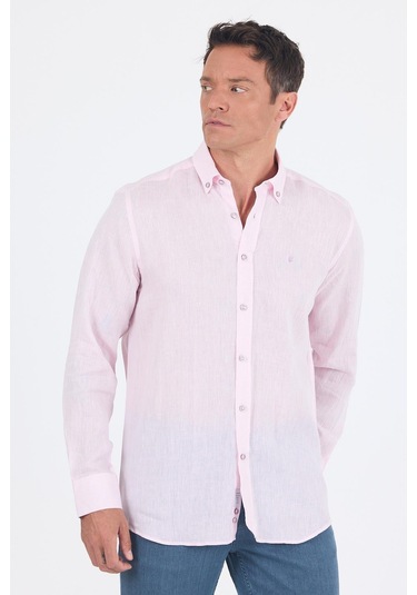 Uzun Kol Düz Keten Düğmeli Yaka Cepsiz Casual Comfort Fit Gömlek 1004250114 Pudra
