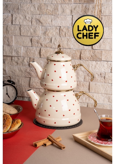 Lady Chef Kalp Desenli Emaye Çaydanlık Takımı