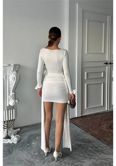 Neşeli Butik Kadın Yan Kurdele Detaylı Mini Elbise Nbdf167 Beyaz