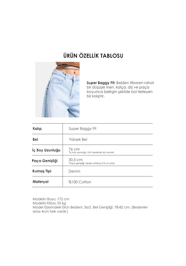 Itsbasic Kadın Ice 4s6-3 Süper Baggy Fit Bol Kesim Orta Bel Denim Jean Buz Mavi