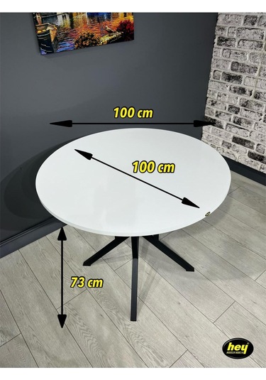 Sedef Beyaz Yuvarlak Mutfak Masası Yemek Masası Balkon Masası Metal Siyah Ayak 100 Cm