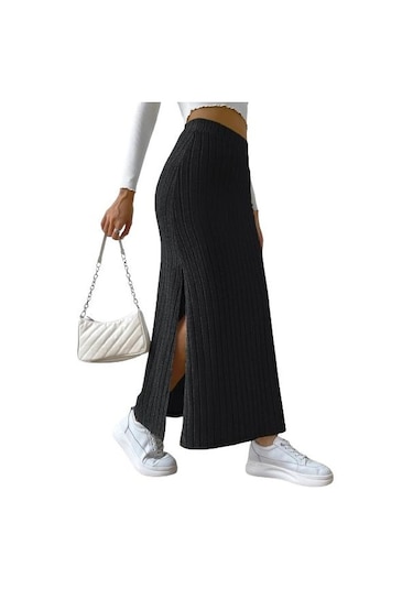 Kadın Nervürlü Örme Etek Yüksek Elastik Bel Yırtmaç Retro Uzun Etek Siyah