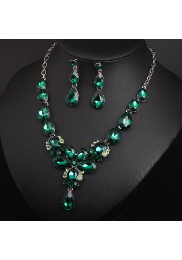 Kristal Değerli Taşlar, Köprücük Kemiği Gerdanlığı Küpe Seti, Su Damlası Kadın Aksesuarları Yeşil