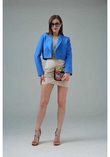 İndigo Kruvaze Crop Blazer Ceket İndigo