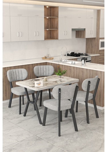 Gnr 70x110cm Sabit Efes Mutfak Masası Takımı, Yemek Masası, 4 Modern Gri Sandalye Gri