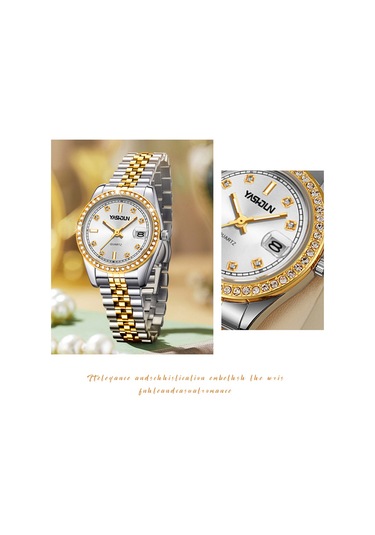 Yashıdun 5068 Şık Kadın Kuvars İzle Çelik Kayış Taklidi Dekor Aydınlık Saat - Altın Kadran