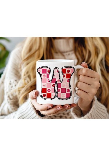W Harfi Pembe Kareli Kalpli Göz Emojili Kupa Bardak Eğlenceli Kareli Tasarım Kahve Çay Kupası 07 Beyaz