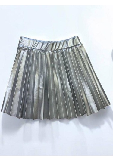 Kız Bebek Pileli Deri Etek-14903 Gümüş