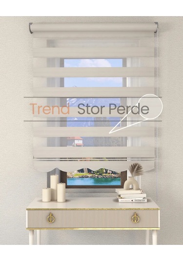 Geniş Plise Beyaz Etek Dilimli Zebra Stor Güneşlik Perde Kırık Ekru