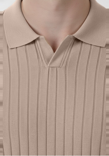 Deepsea Erkek Bej Polo Yaka Fitilli Triko Kazak Pamuk, Esnek Dokulu, Modern Kalıp 2605305 Bej