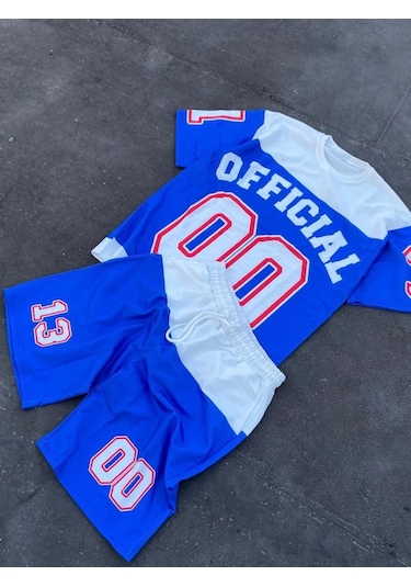 Unisex Çocuk Dijital Baskılı Şortlu Takım - Mavi SIYAH