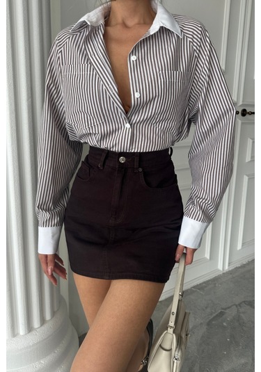 Yaka Ve Manşet Beyazboyfriend Çizgilipoplin Gömlek - Kahverengi Kahverengi