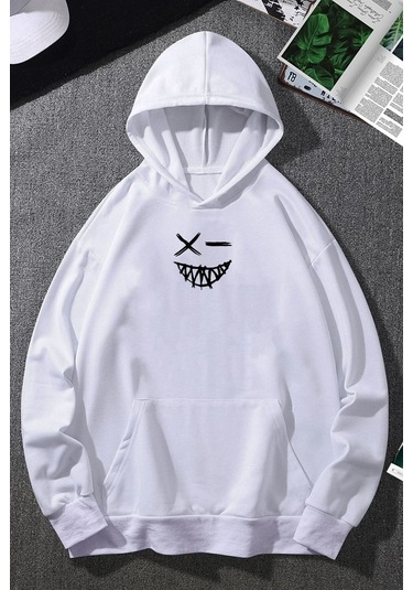 Cartoon Graphic Thermal Lined Drawstring Sweatshirt Beyaz