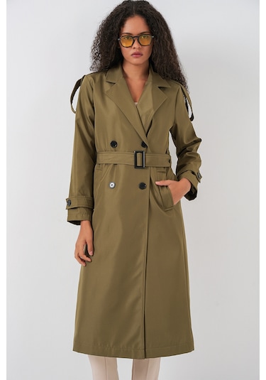 5941 Kruvaze Yaka Uzun Trençkot - Haki haki