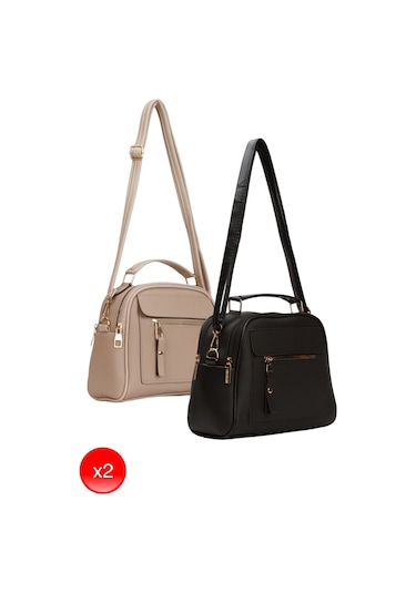 Kadın Günlük Siyah Vizon Omuz Çantası 2 Adet Siyah - Vizon