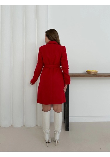 Cepli Kuşaklı Kaşe Kaban Kırmızı St26458 Kırmızı