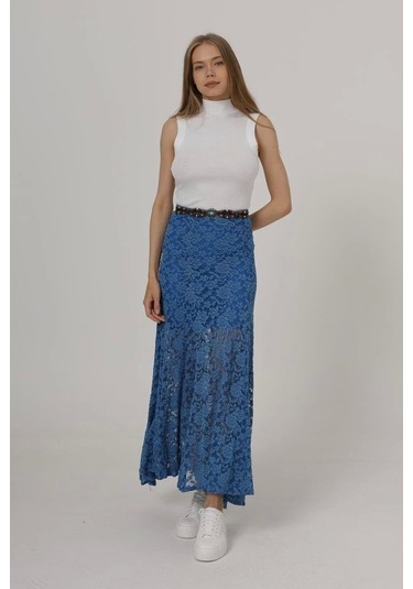 Bel Lastikli Dantel Etek - Mavi Mavi