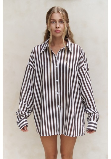Rosy Transparan Çizgili Kahve Oversize Gömlek Kahve