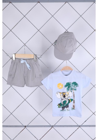 Babyhola 3'lü Tişört Keten Şort Şapka Erkek Bebek Çocuk Bayramlık Alt Üst Takım Elbise 02101 Mavi