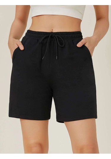 Siyah Kısa Düz Renk Baskısız Şort - Penye Baskısız Kordonlu Siyah