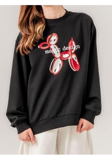 Kız Çocuk İki İplik Magic Baskılı Tasarım Sweatshirt-14215 Siyah