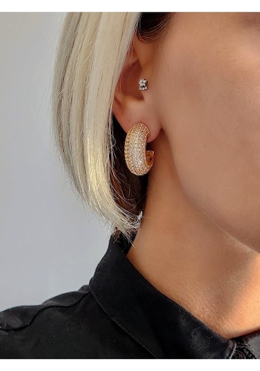 Yarım Halka Boru Model Full Taşlı Elegant Altın Kaplama Gold Renkli Çelik Küpe Gold