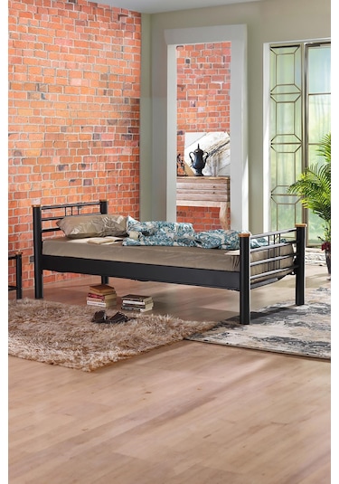 Kappis Tek Kişilik Ferforje Metal Karyola-siyah Ahşap Latalı