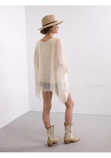 İtalyan Yarasa Kol İpek Bluz-8869 Krem