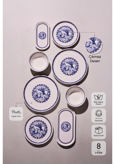 French Vintage 8 Parça 2 Kişilik Yemek Takımı Cokrenklı Desenli