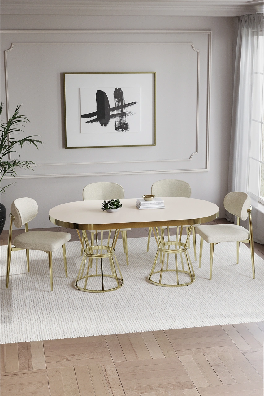 Bohem Polo Mutfak Masası Takımı 4 Sandalyeli Gold Krem