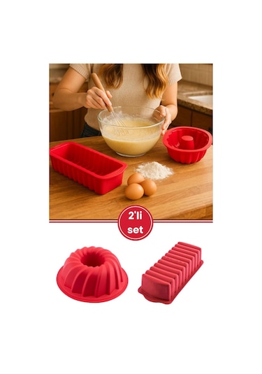 Silicolife 2 Li Silikon Kek Kalıbı Seti, Baton Kek Kalıbı Ve Burgu Kek Kalıbı Seti Yerli Üretim Kırmızı Kırmızı