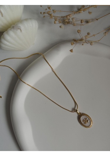 Handmade Pirinç Üzeri Altın Kaplama Oval Yonca Plaka Kadın Kolye -cloverluck Sevgiliye Hediye