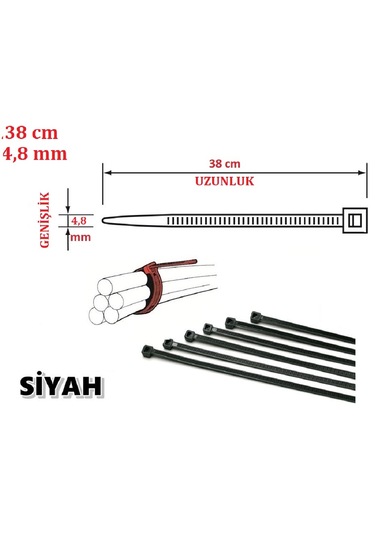100 Adet 38cmx4,8mm Siyah Plastik Cırt Kelepçe Kablo Bağı