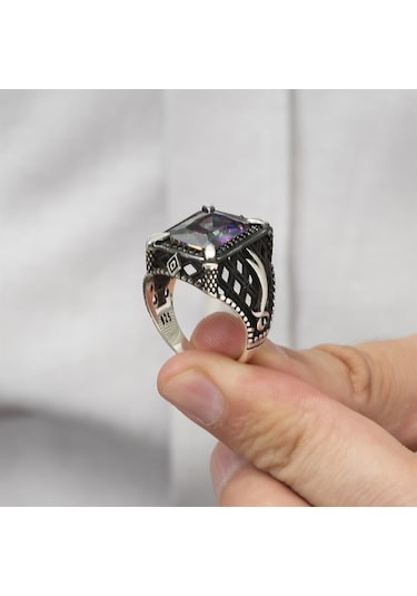 Zülfikar Desenli Kare Mistik Topaz Taşlı 925 Gümüş Erkek Yüzük