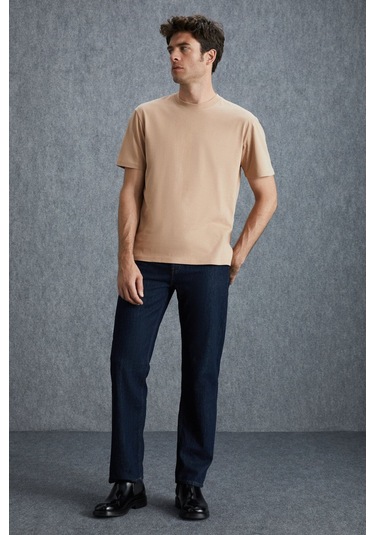 GRIMELANGE Solo Erkek %100 Organik Pamuklu Kalın Dokulu Comfort Fit Bisiklet Yakalı Bej T-shirt Bej