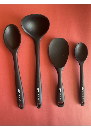 Multiamo Sert Uçlu Isıya Dayanıklı Silikon Kaşık Seti 4 Parça Siyah