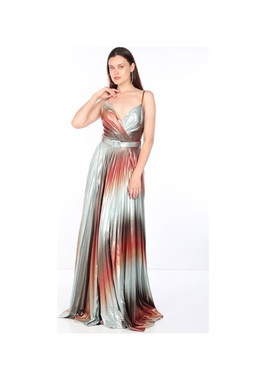 Kadın Ince Askılı Piliseli Parlak Abiye Renkli