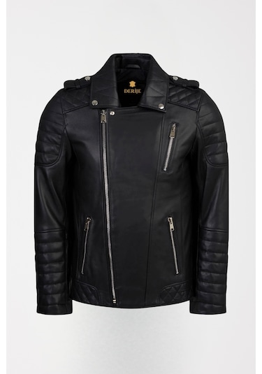 Derije Modric Hakiki Deri Erkek Siyah Biker Motorcu Tarzı Mont
