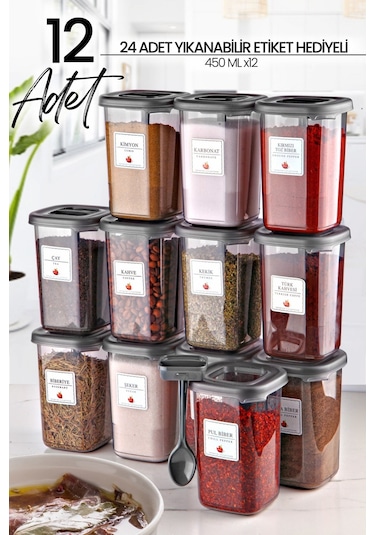 KitchenLife 12'li Azure Etiketli Ve Kendinden Kaşıklı Baharatlık Seti - Baharatlık Takımı Antrasit - Şeffaf