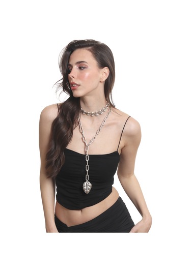 Labalaba Kadın Antik Gümüş Kaplama 2' Li Yaprak Uçlu Tasarım Kolye& Choker Gümüş
