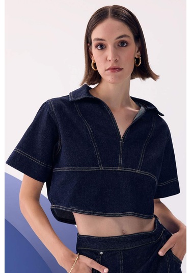 Defacto Fashion Fit Polo Yaka Kısa Kollu Jean Bluz D3716AX24AUNM34