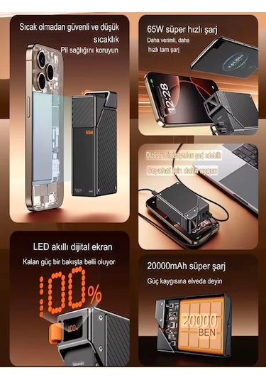 20000mah 65w Hızlı Şarjlı Dijital Göstergeli Powerbank 2x Type-c Girişli Taşınabilir Şarj Cihazı Siyah - Siyah