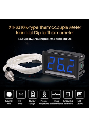 Jeehugo Endüstriyel Dijital Termometre K-tipi Termokuplajlı -30 800 C, M6 Vida, Xh-b310, Kırmızı Işık, Led Ekranlı Sıcaklık Ölçer