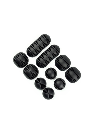 Symbee Siyah Masaüstü Kablolu Organizatör Seti - 10 Adet Çoklu Delikli Kablolu Tutucu + 2 Adet Sarma Bandı - Dayanıklı Ve Yeniden Kullanılabilir