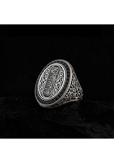 925 Ayar Kelime-i Tevhid Yazılı Taş İşlemeli Erkek Gümüş Yüzük Çok Renkli